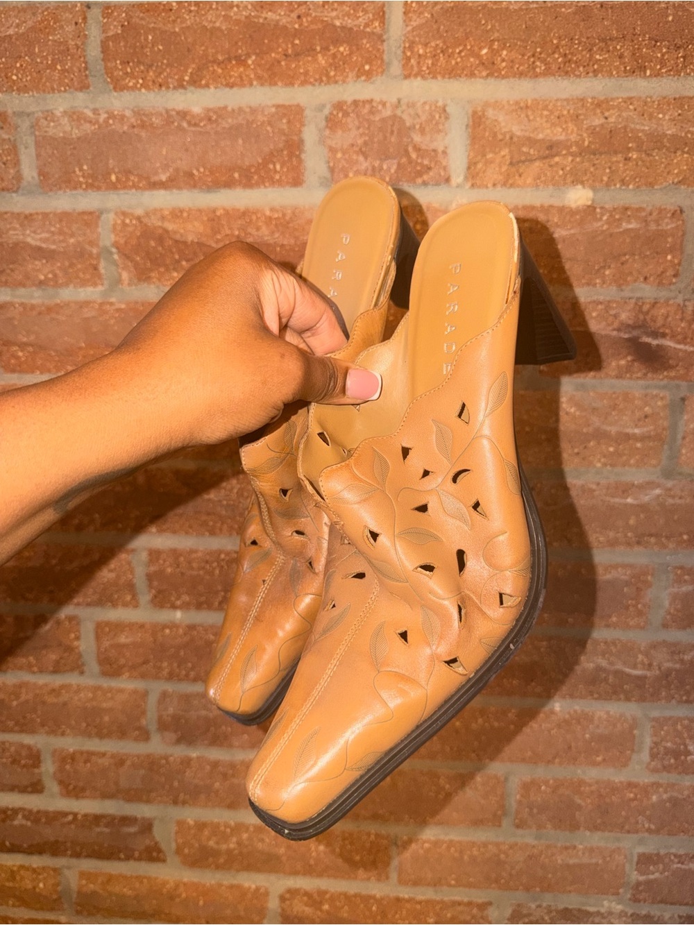 Cutout Leather Mule Heels in Tan by Paradox London